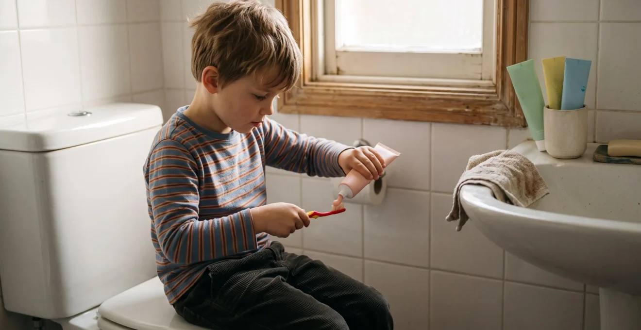 Un enfant verse lui-même une noisette de dentifrice fruité sur sa petite brosse à dents souple dans une salle de bains familiale.