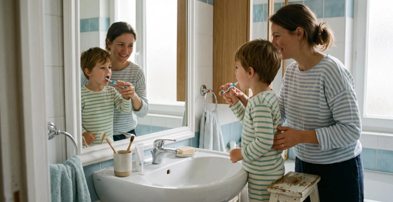 Une mère aide son jeune enfant à se brosser les dents devant le lavabo d'une salle de bains familiale lumineuse.