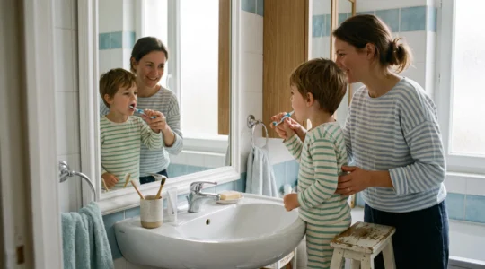 Une mère aide son jeune enfant à se brosser les dents devant le lavabo d'une salle de bains familiale lumineuse.