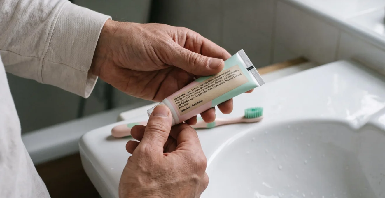 Des mains de parent lisent la composition au dos d'un tube de dentifrice pour enfant posé près d'une brosse à dents souple.